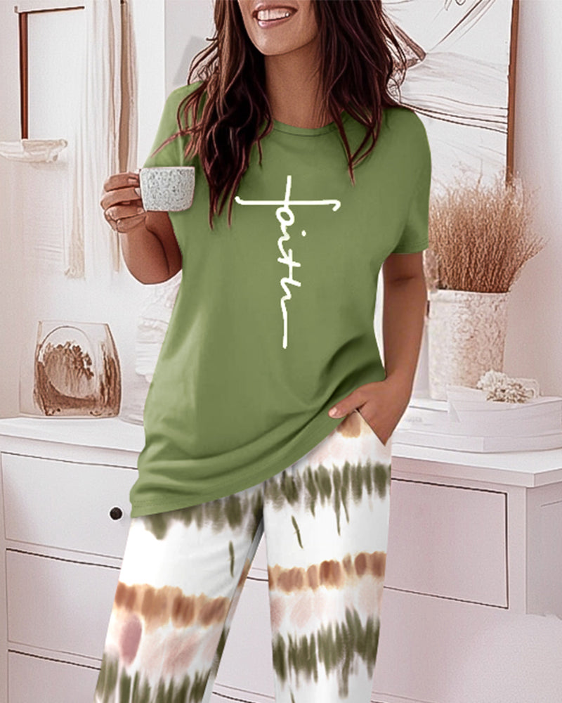 2 Pieces Outfit Letter Print Round Neck Short Sleeve Top And Tie Dye Print Elastic Waist Loose Fit Pants Set Casual Pajamas Set