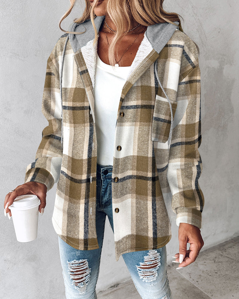 Plaid Print Button Front Pocket Design Drawstring Hoodie Jacket Casual Asymmetrical Hem Thermal Lined Shirt Coat