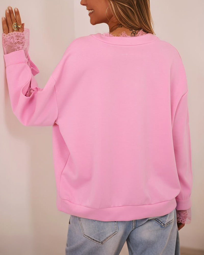 Women's Lace Patchwork Notch Neck Sweatshirt Casual Drop Shoulder Pullover Split Sleeve Top