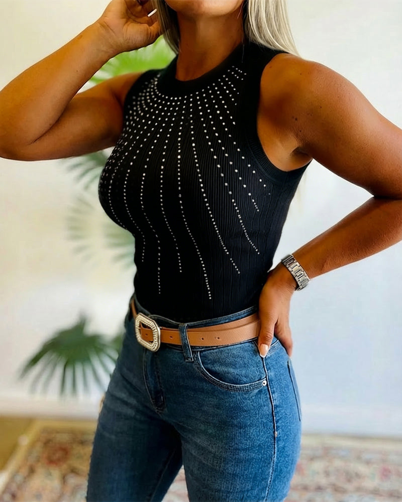 Rhinestone Decor O-neck Sleeveless Tank Slim Fit Ribbed Tank Top