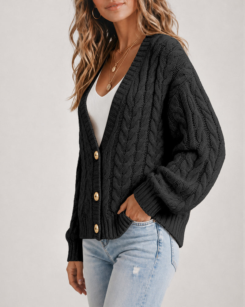 Women's Cable Knit Cardigan V Neck Button Down Chunky Knit Sweater Loose Lantern Sleeve Warm Outerwear