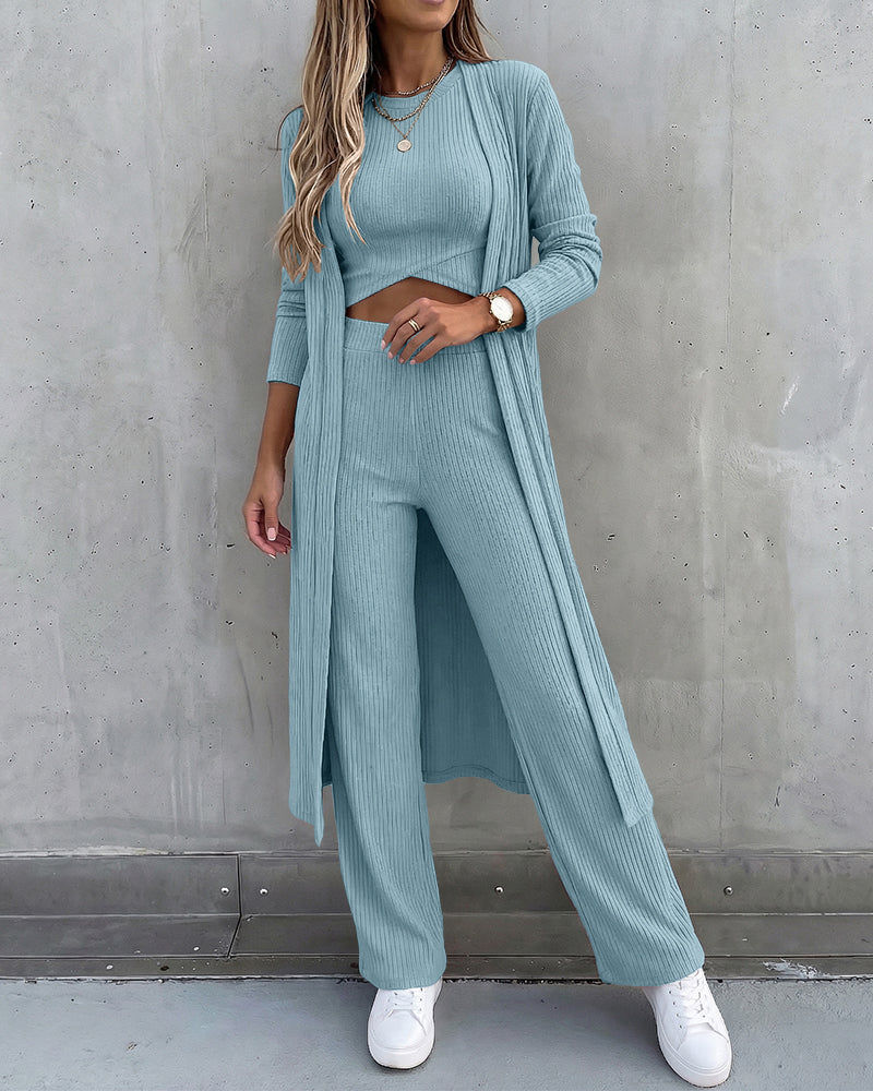 CHICME ESSENCE Women's 3 Piece Knit Set Long Cardigan Criss Cross Crop Tank Top and Wide Leg Pants Casual Ribbed Brushed Lounge Set