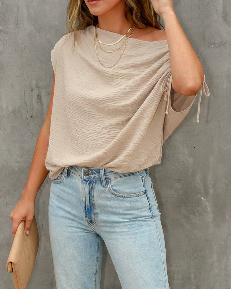 Skew Neck Drawstring Sleeve Loose Fit Casual Top