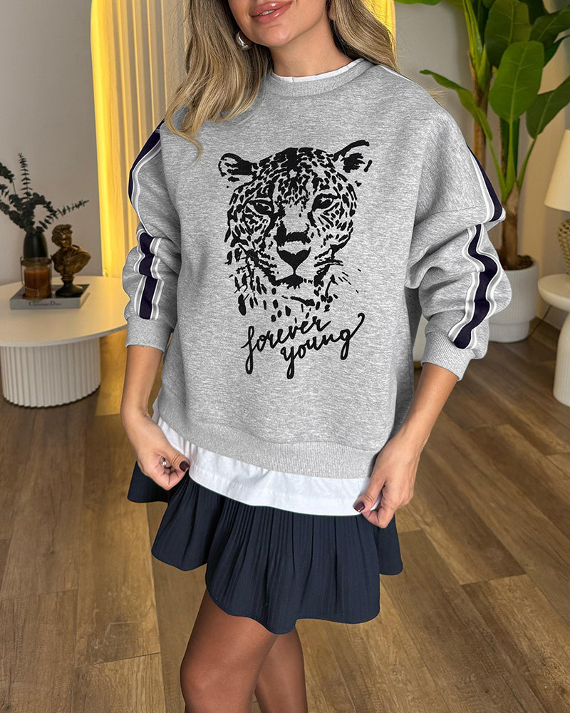 Women's Leopard Flocking Graphic Sweatshirt Crewneck Long Sleeve Pullover Casual Contrast Stripe Top
