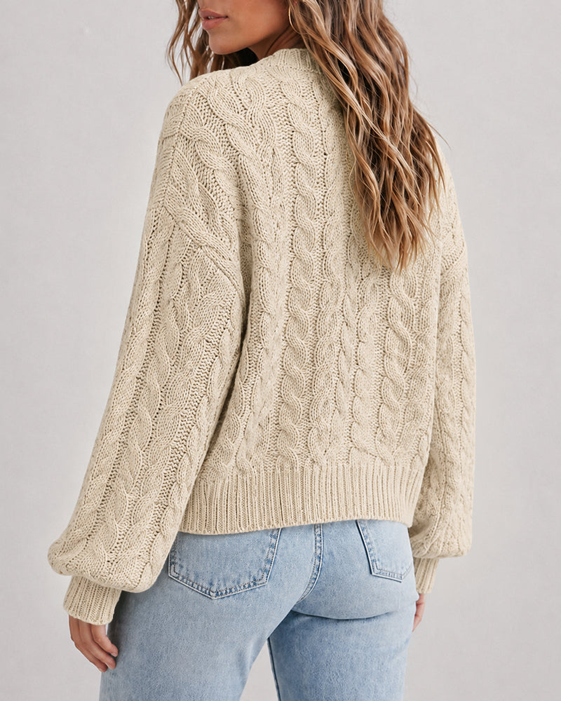 Women's Cable Knit Cardigan V Neck Button Down Chunky Knit Sweater Loose Lantern Sleeve Warm Outerwear