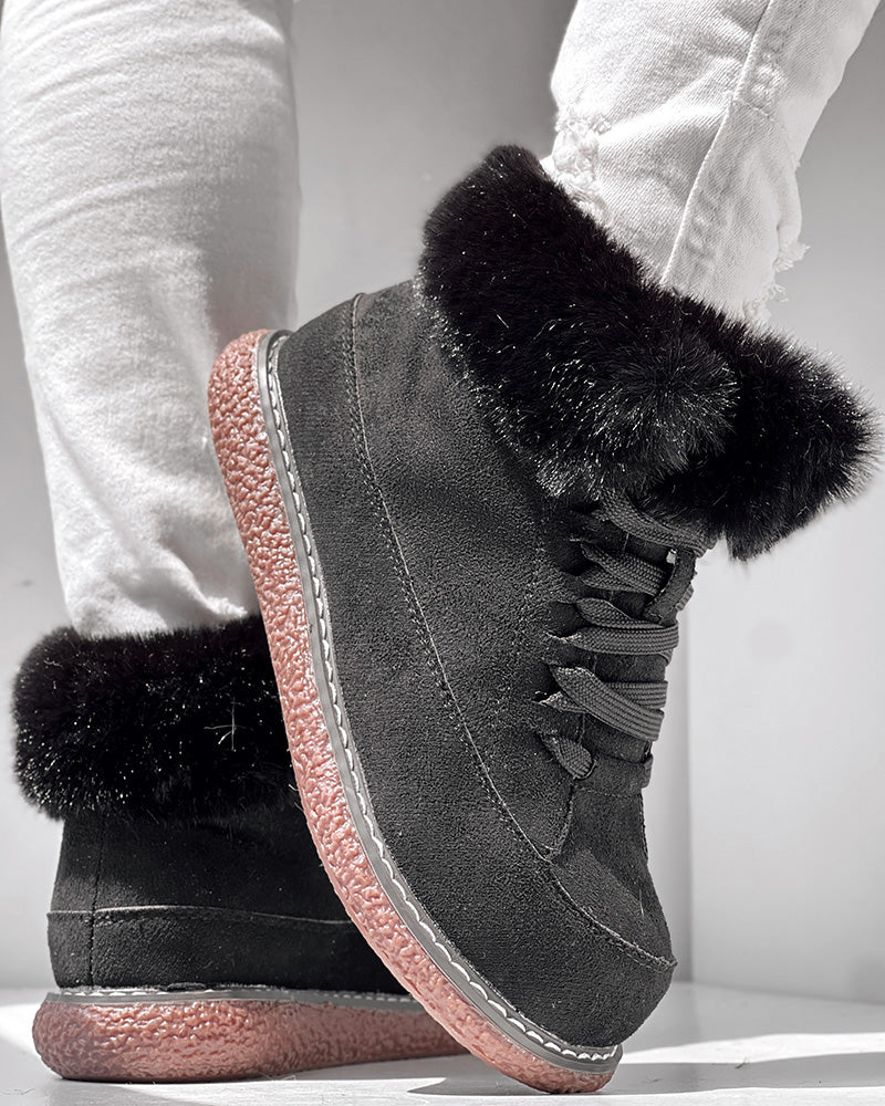 Fuzzy Detail Lined Lace-up Snow Boots