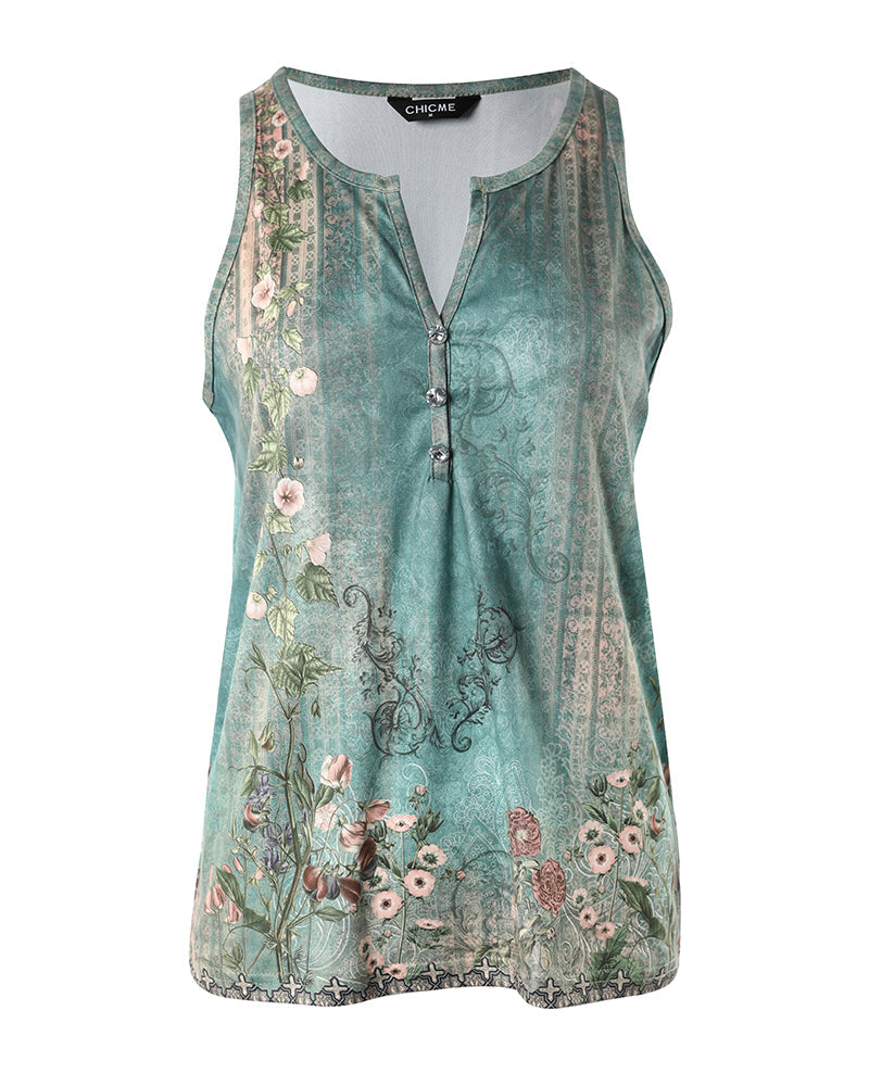 CHICME Women's Casual Floral Print Tank Top Sleeveless Notch Neck Vest with Rhinestone Accents