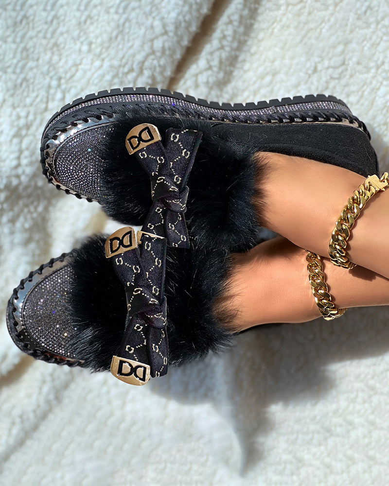 Rhinestone Bowknot Design Platform Fuzzy Slip-On Loafers