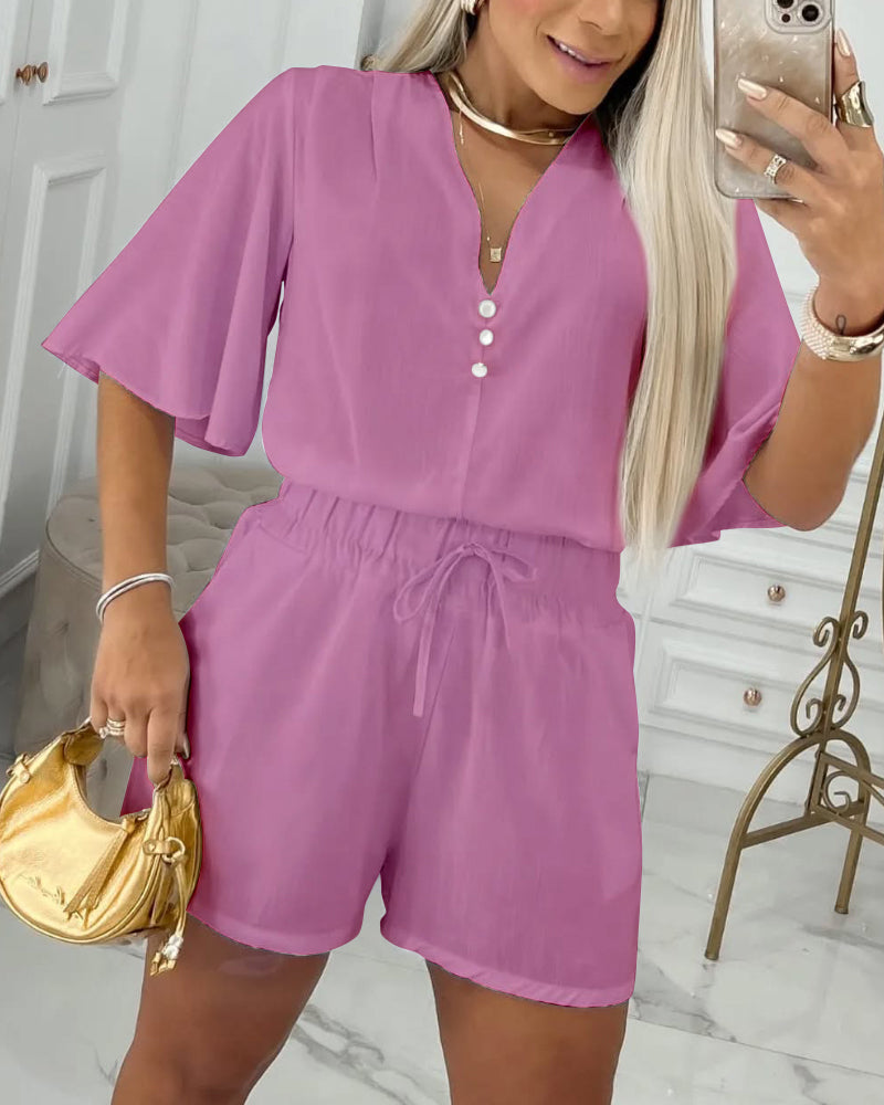 2 Pieces V Neck Button Decor Bell Sleeve Top and Casual Drawstring Stechy Waist Shorts Set