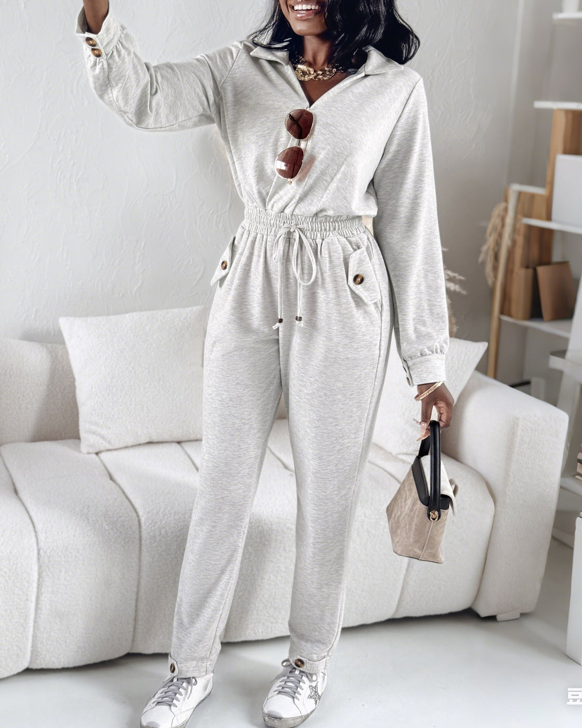 Turn-down Collar Overlap V-Neck Drawstring Stretchy Waist Jumpsuit Casual Flap Pockets Design Jumpsuit