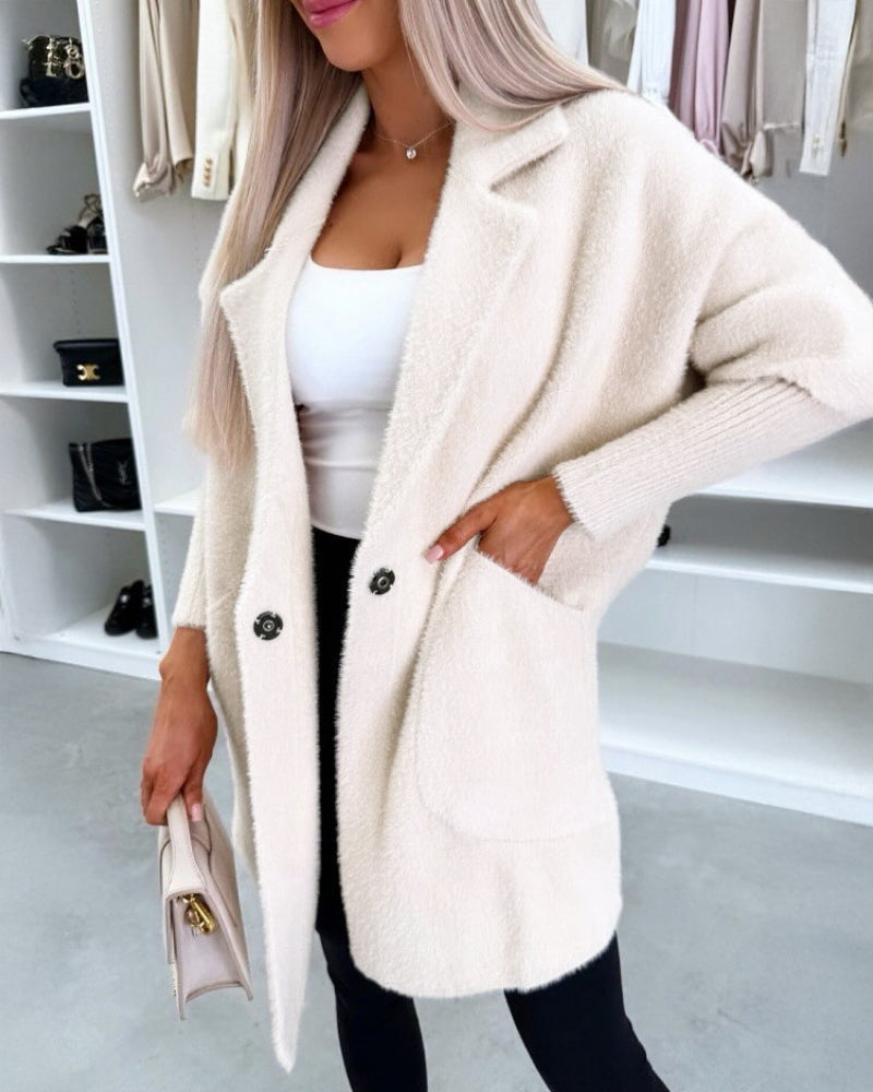 Notched Collar Long Sleeve Single Breasted Coat Casual Mid-legth Fuzzy Coat with Pockets