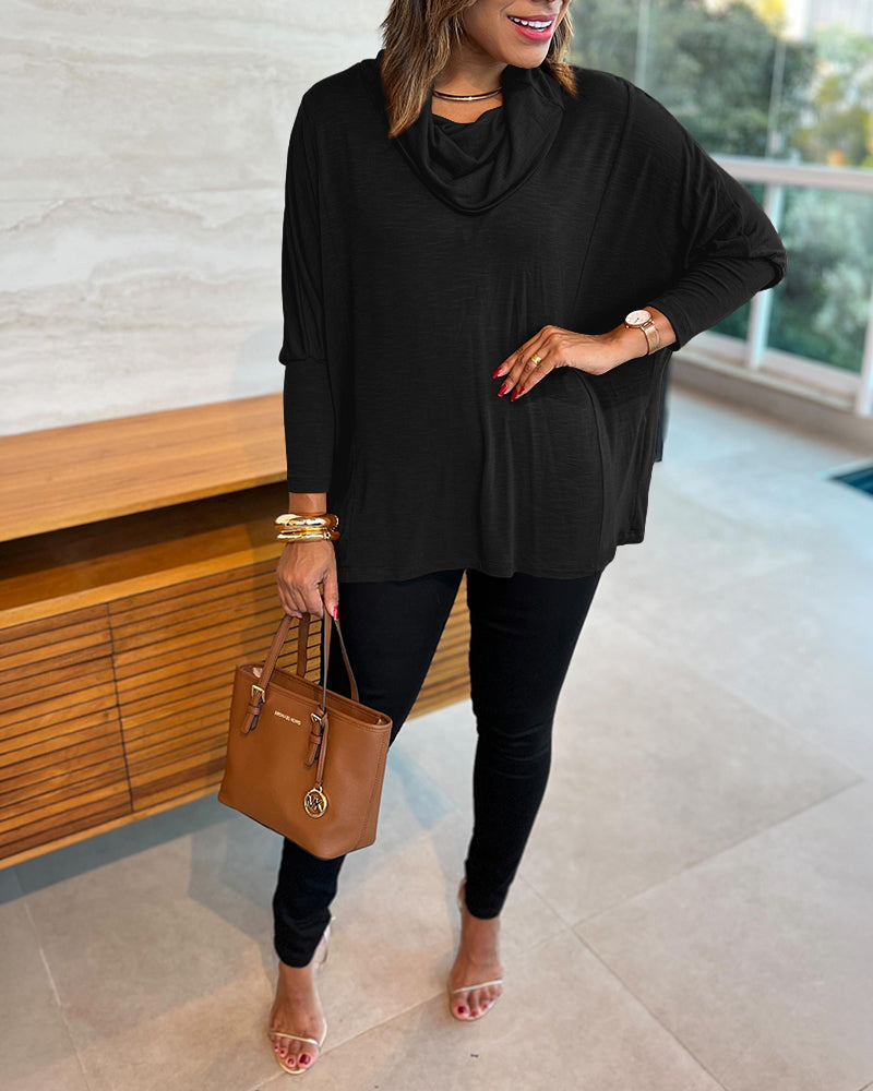 Women's Cowl Neck Batwing Sleeve Top Casual Long Sleeve Loose Pullover Comfortable Soft Drape Blouse
