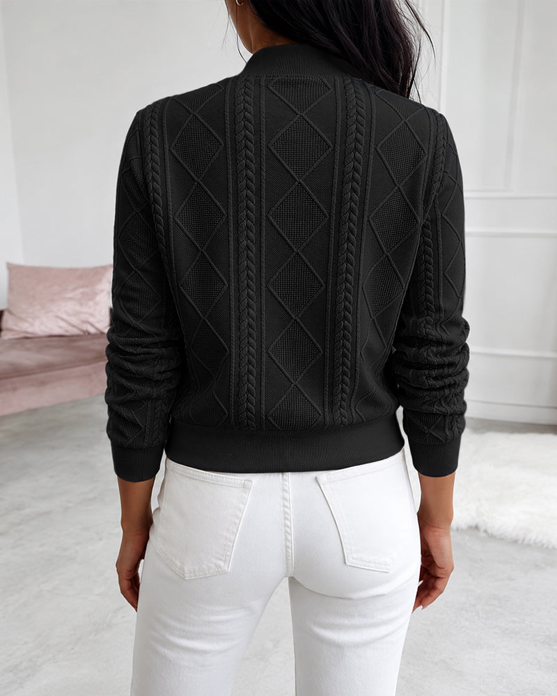 Women's Vintage Cable Knit Bomber Jacket Casual Argyle Zip Up Crop Coat with Pockets