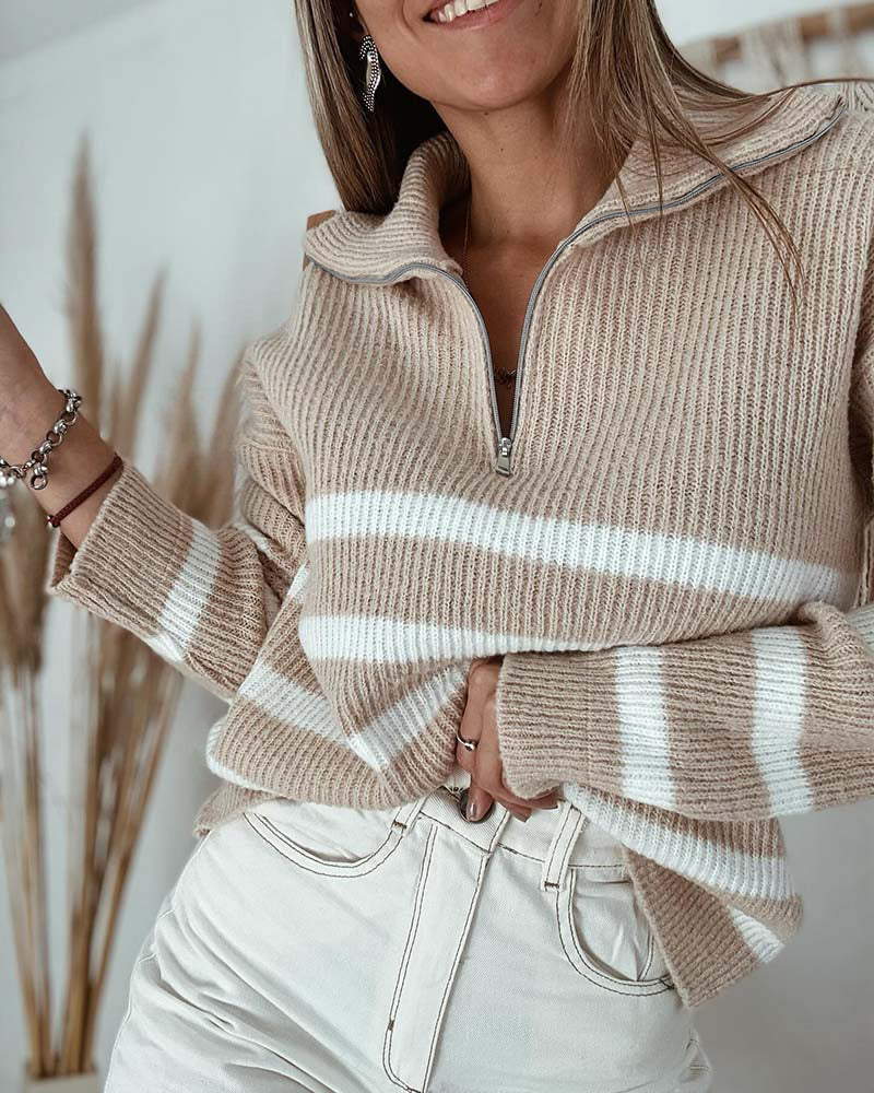 Women's Half Zip Striped Sweater Colorblock Turn-down Collar Knit Pullover Drop Shoulder Loose Fit Top