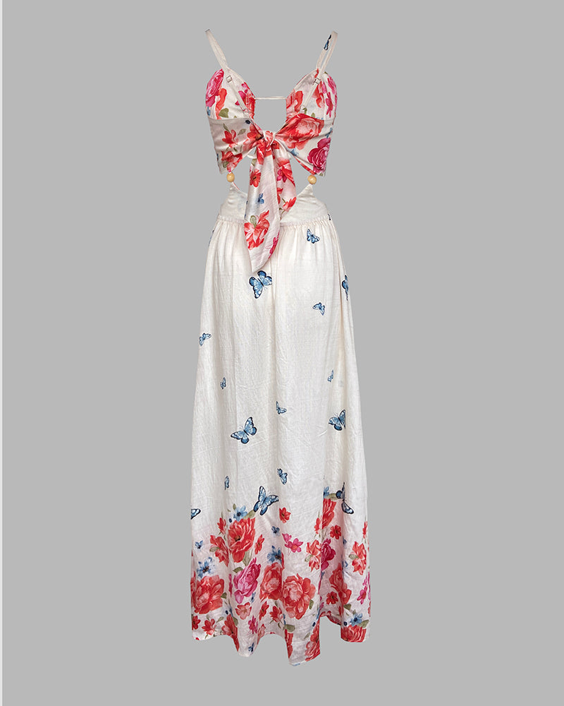 Women's Floral Butterfly Print Maxi Dress Backless Cutout Cami Sundress Ruched Tied Detail Flowy Vacation Dress