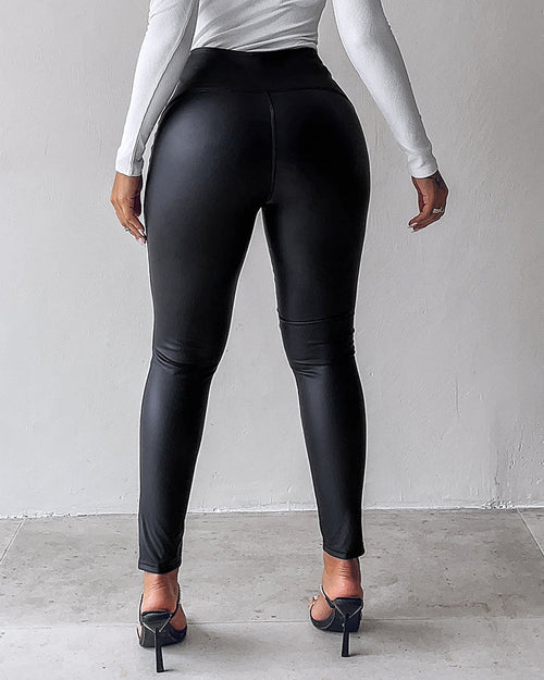 Chicme Curveease Pu Leather Leggings High Waist Curved Fleece Lined Tights Casual Pants