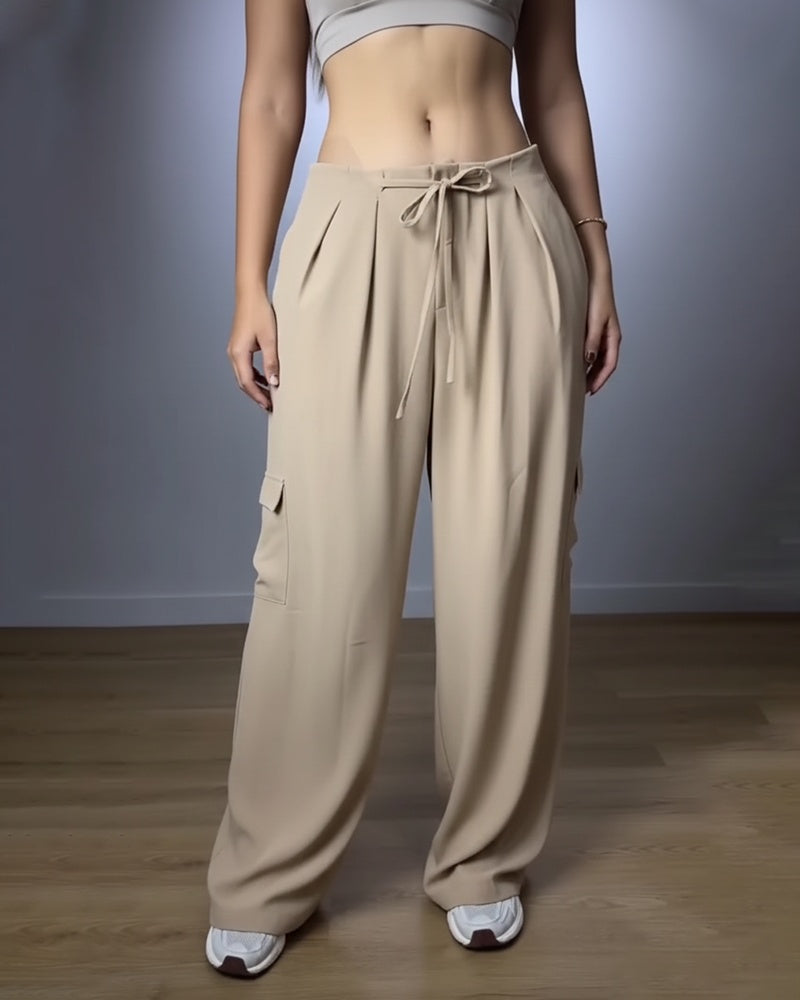 High Waist Drawstring Pleated Front Wide Leg Trousers Casual Flap Pockets Design Cargo Pants