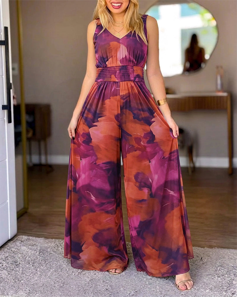 Women's Tie Dye Print Mesh Jumpsuit V Neck Shirred Waist Wide Leg Overalls Backless Sleeveless Jumpsuit with Pockets
