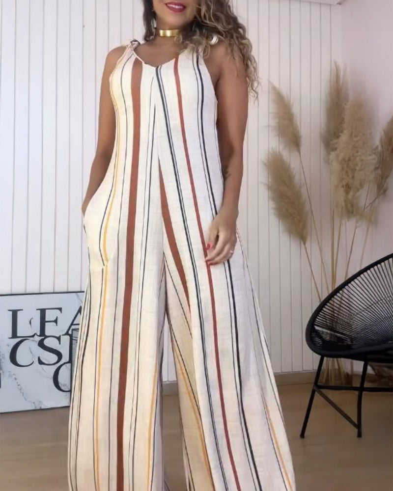 Women's V Neck Bow Tie Shoulder Striped Jumpsuit Casual Loose Wide Leg Overalls with Pockets