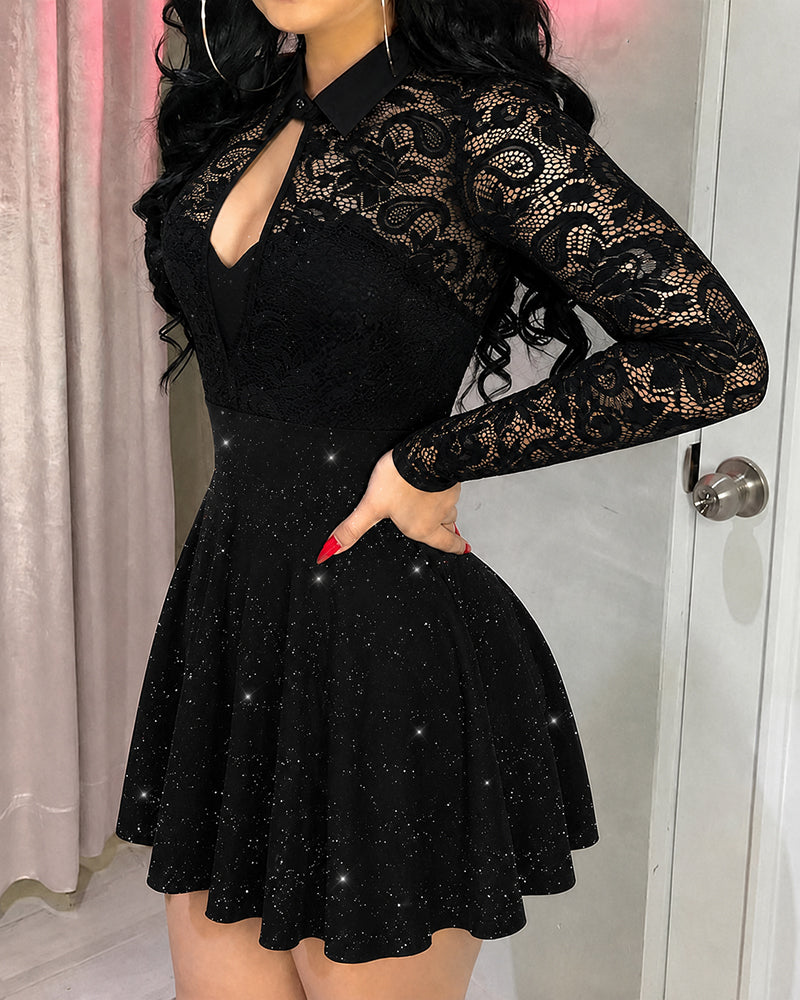 Women's Lace Patchwork Long Sleeve A Line Dress Glitter Hollow-out Mini Party Dress with Detachable Clear Straps