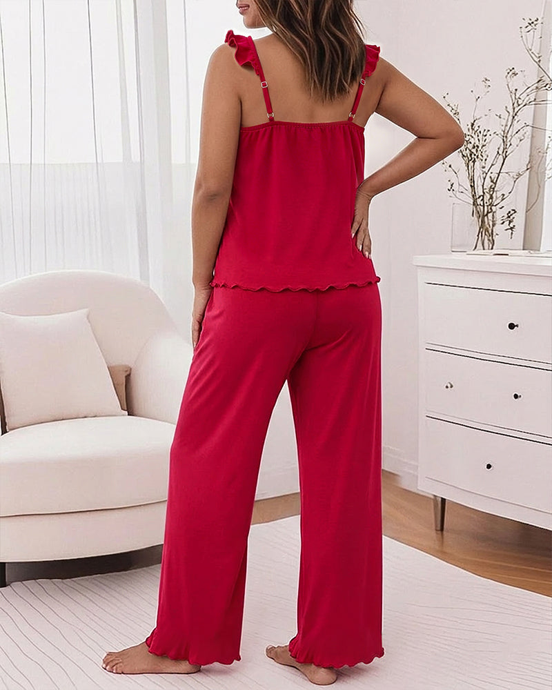 CHICME ESSENCE Women's Frill Trim Pajama Set with Pockets