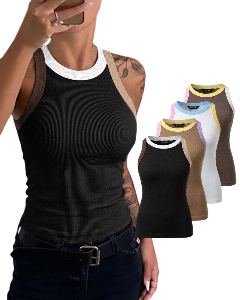 Women's Contrast Trim Ribbed Tank Top Slim Fit Sleeveless Round Neck Basic Camisole for Streetwear & Layering