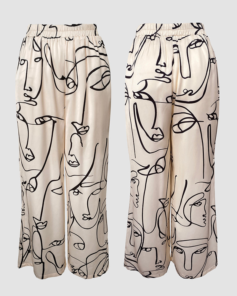 Women's Abstract Face Print Two Piece Outfits Boat Neck Batwing Sleeve Top and High Waisted Wide Leg Pants Set with Pockets