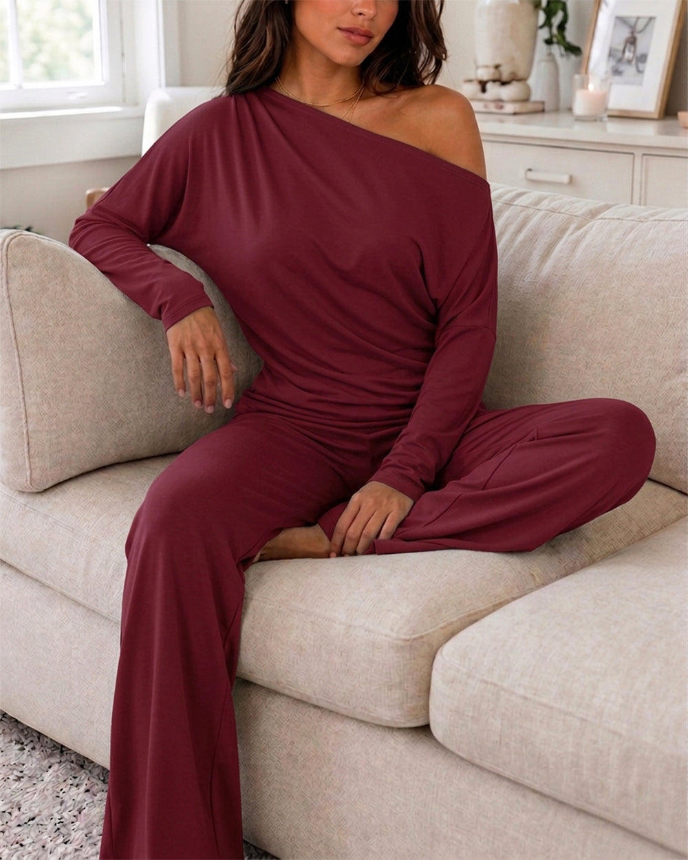 CHICME ESSENCE Women's 2 Piece Lounge Set Skew Neck Ruched Asymmetric Hem Long Sleeve Top and Wide Leg Pants Matching Outfit