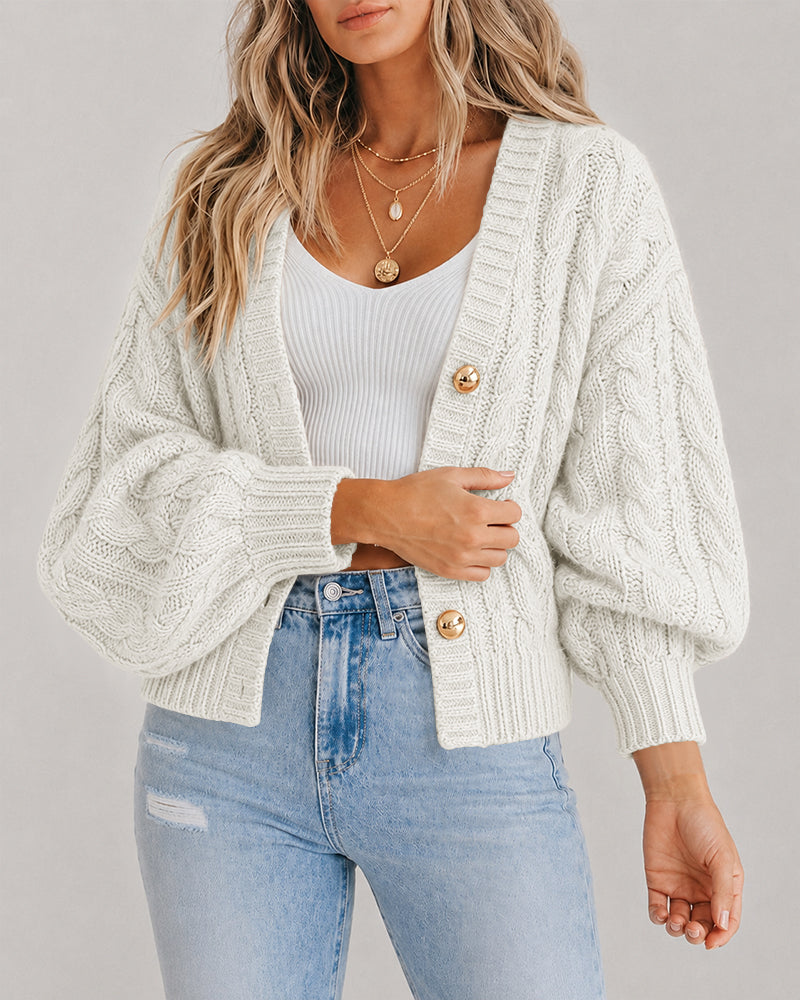 Women's Cable Knit Cardigan V Neck Button Down Chunky Knit Sweater Loose Lantern Sleeve Warm Outerwear