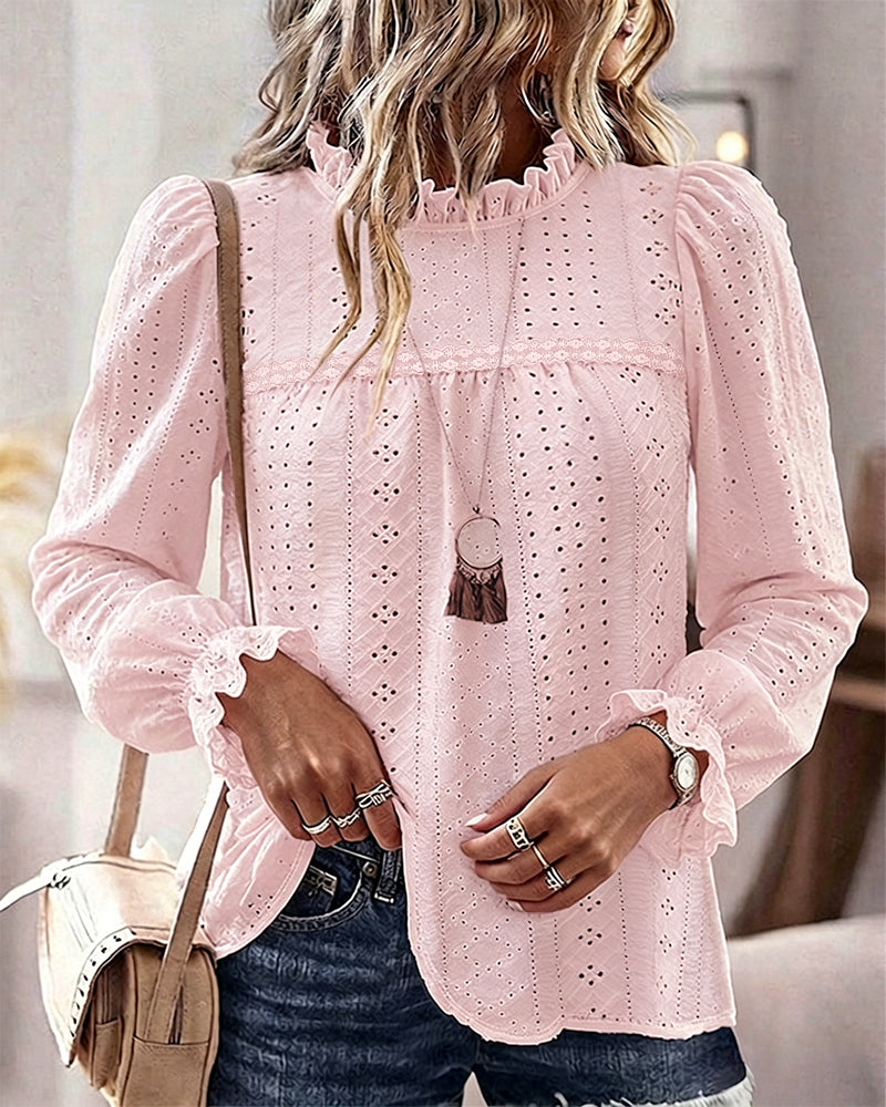 Women's French Style Eyelet Embroidery Blouse Elegant Frill Hem Stand Collar Puff Sleeve Top Lace Patchwork Shirt