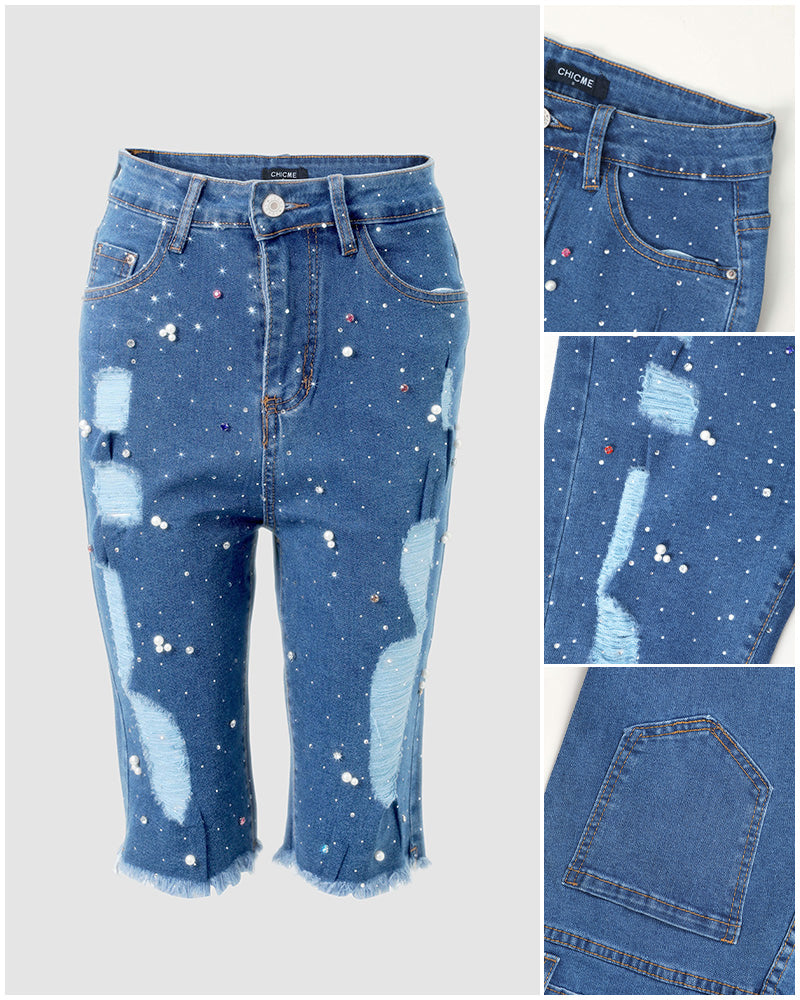 Women's Y2K Rhinestone Pearl Denim Bermuda Shorts Ripped Raw Hem Distressed Colorful Embellished Jean Shorts