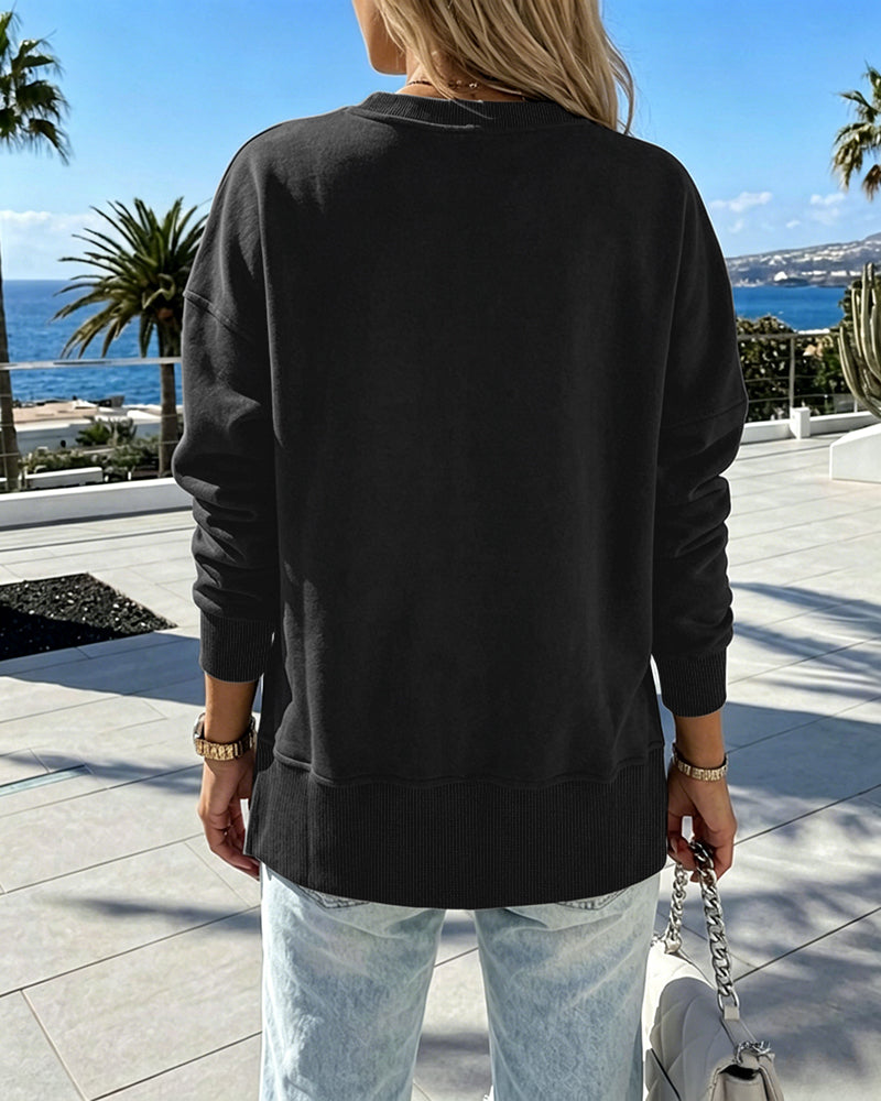 Women's Loose Crewneck Sweatshirt Embossed Letter Print Pullover Top Casual Side Slit Top