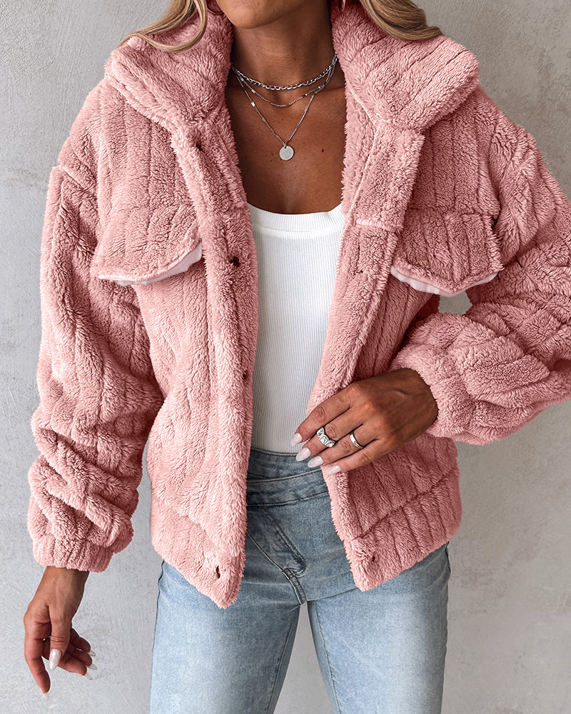 Textured Striped Turn-down Collar Button Front Elastic Cuff and Hem Teddy Fleece Jacket With Decorative Flap Pockets