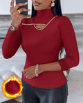 High Neck Long Sleeve Beaded Knit Sweater Hollow-out Fleece Lined Basic Layering Soft Versatile Thermal Top