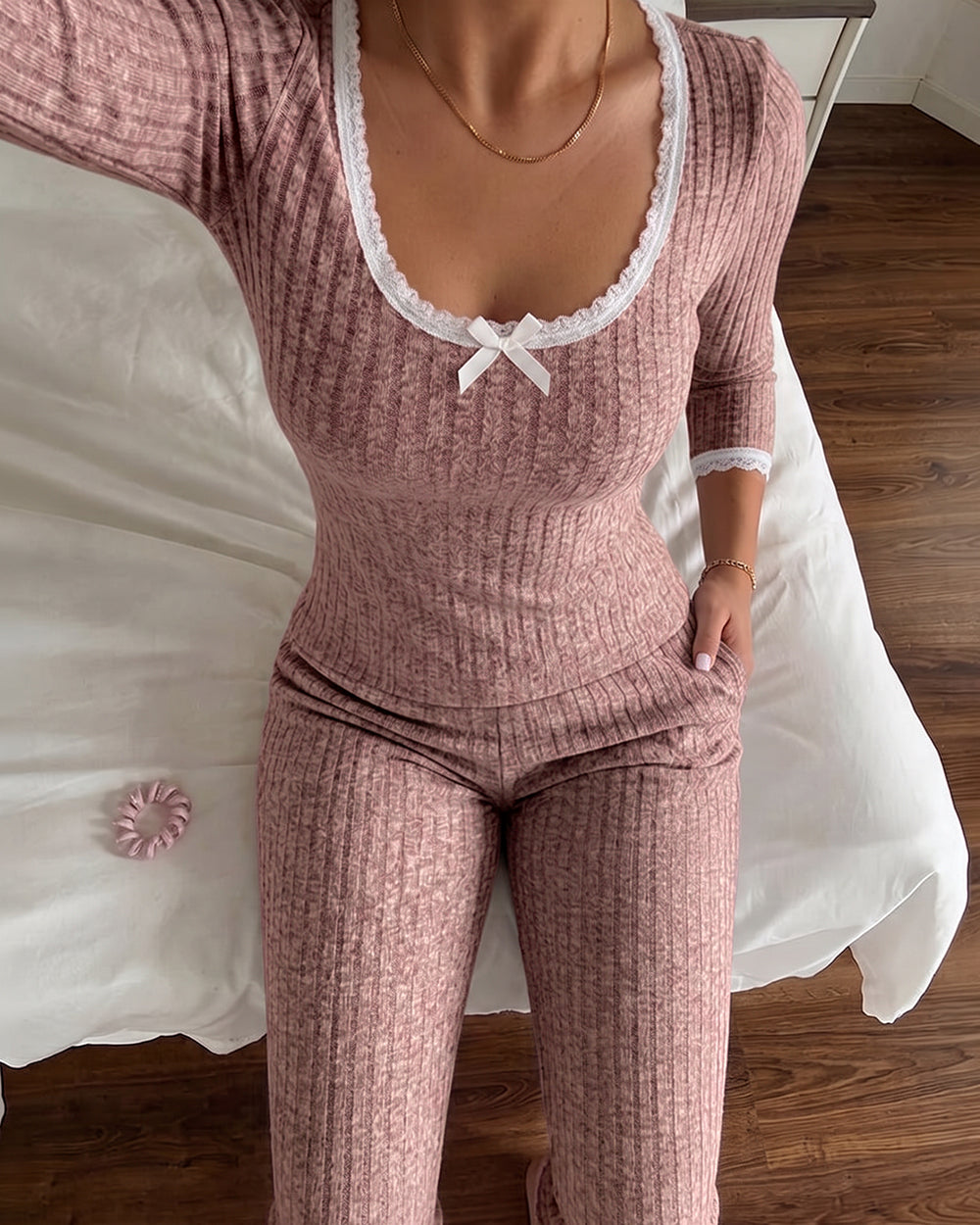CHICME ESSENCE Women's Ribbed Pajama Set 2 Piece Lace Trim Long Sleeve Lounge Set High Waisted Pants with Pockets