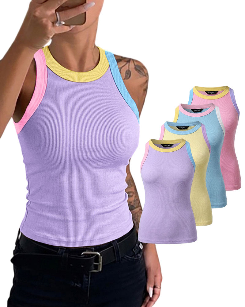 Women's Contrast Trim Ribbed Tank Top Slim Fit Sleeveless Round Neck Basic Camisole for Streetwear & Layering
