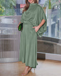 2 Pieces Outfit Stand Collar Batwing Sleeve Tie Back Top and High Waist Elastic Back Waist Skirt Set Elegant Satin Commuting Set
