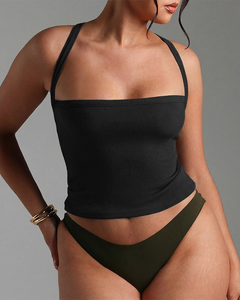 Women's Sexy Criss Cross Halter Top Ribbed Knit Cami Top Backless Sleeveless Slim Fit Crop Top