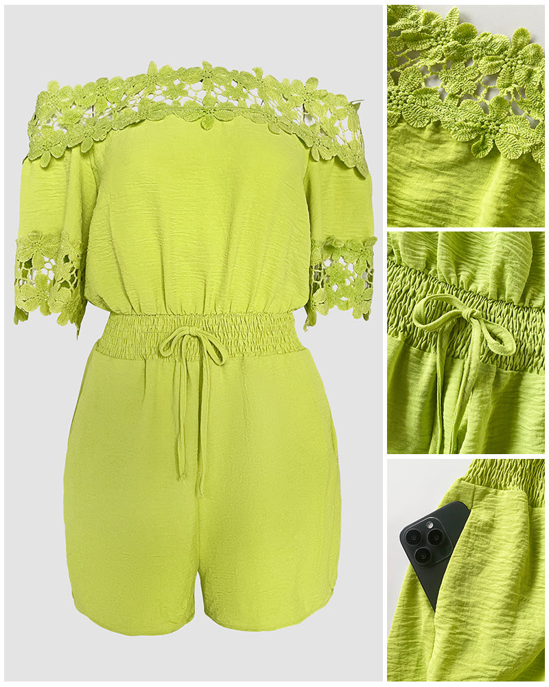 Women's Lace Off Shoulder Romper Shirred Waist Tied Detail Textured Short Jumpsuit with Pockets