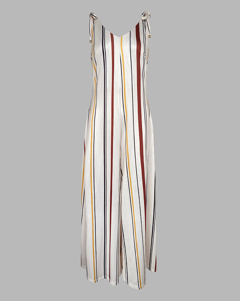 Women's V Neck Bow Tie Shoulder Striped Jumpsuit Casual Loose Wide Leg Overalls with Pockets