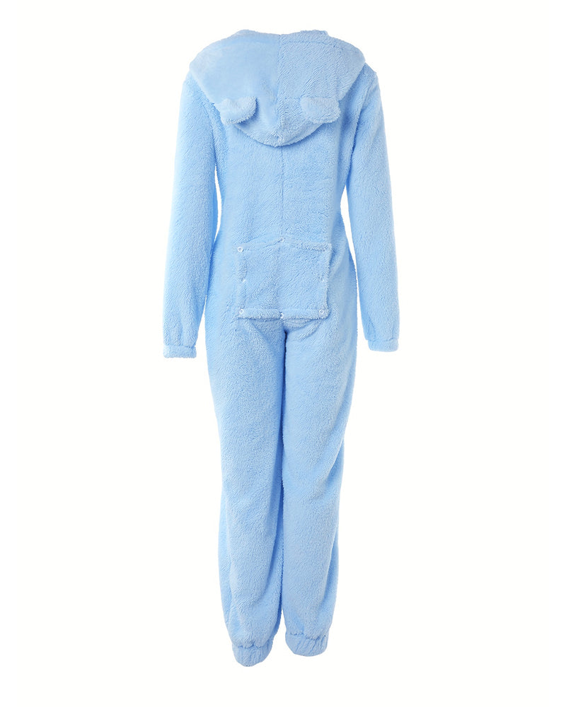 3D Ear Buttoned Flap Functional Fluffy Lounge Jumpsuit