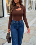Women's Rib Knit Long Sleeve Top Gold Buckle Cut Out Tee Twisted Front Hollow Out Slim Fit Top