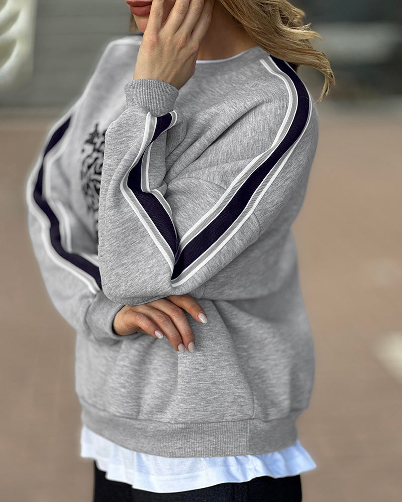 Women's Leopard Flocking Graphic Sweatshirt Crewneck Long Sleeve Pullover Casual Contrast Stripe Top