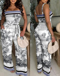 CHICME Women's Landscape Print Stretchy Straps Shirred Romper Convertible Strapless Wide Leg Bandeau Jumpsuit with Belt