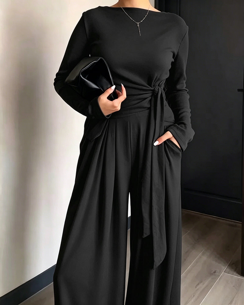 CHICME ESSENCE Women's 2 Piece Knit Lounge Set Long Sleeve Tie Waist Top and High Waisted Wide Leg Pants Casual Soft Sweatsuit with Pockets