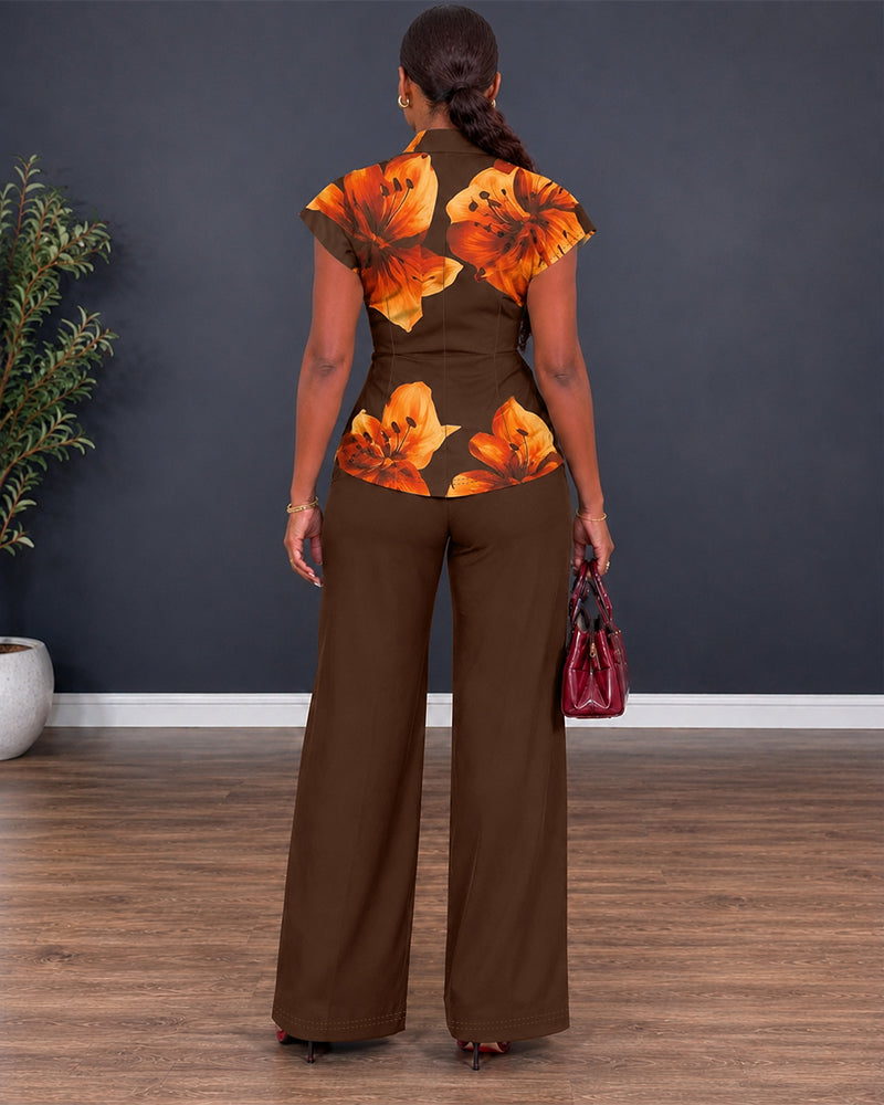 Women's Two Piece Outfit Vintage Floral Twist Front Top and Straight Leg Pants Set