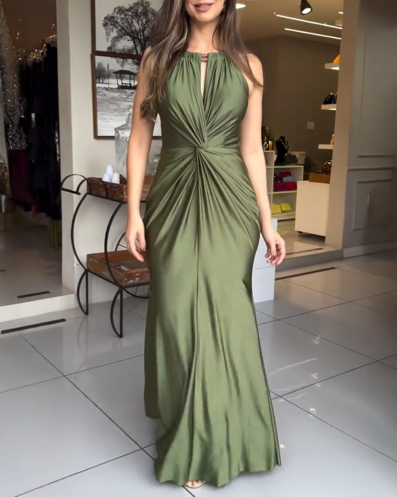 Women's Halter Tie Satin Maxi Dress Twist Front Cutout Backless Mermaid Cockail Dress Ruched Evening Party Dress