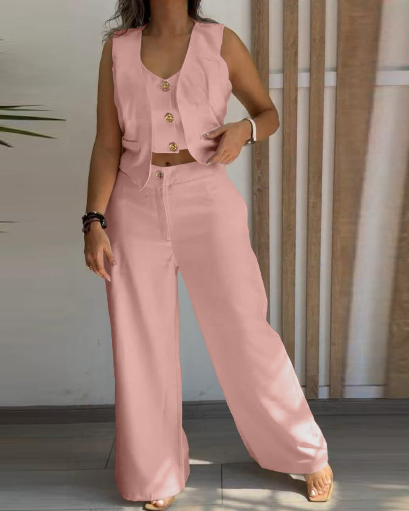 Women's Two Piece Outfits Faux Two Piece Sleeveless Crop Top and High Waisted Wide Leg Pants Elegant Matching Suit