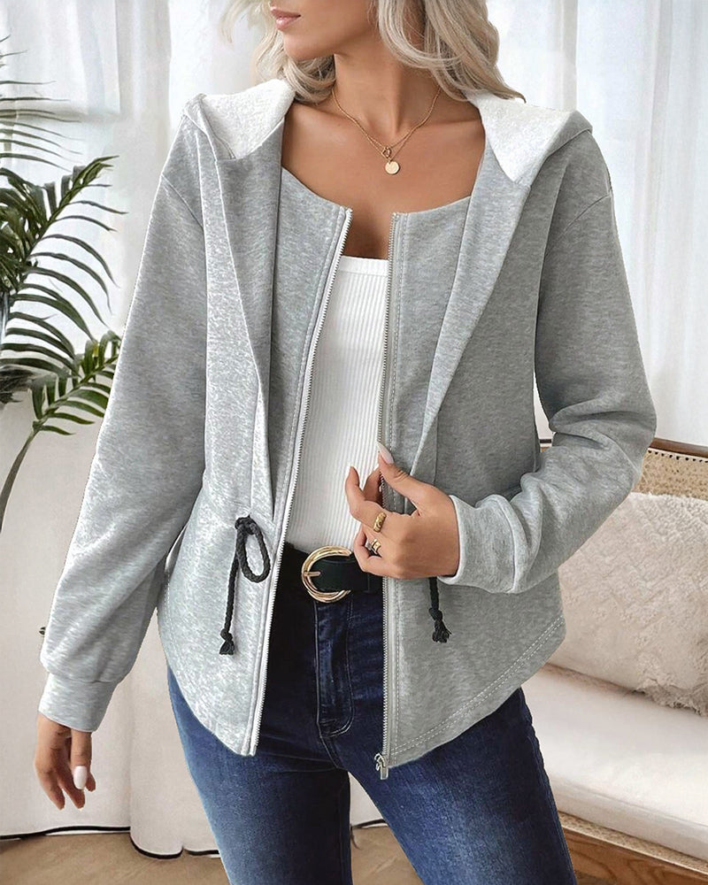 Women's Hooded Drawstring Waist Jacket Casual Zip Up Curved Hem Coat
