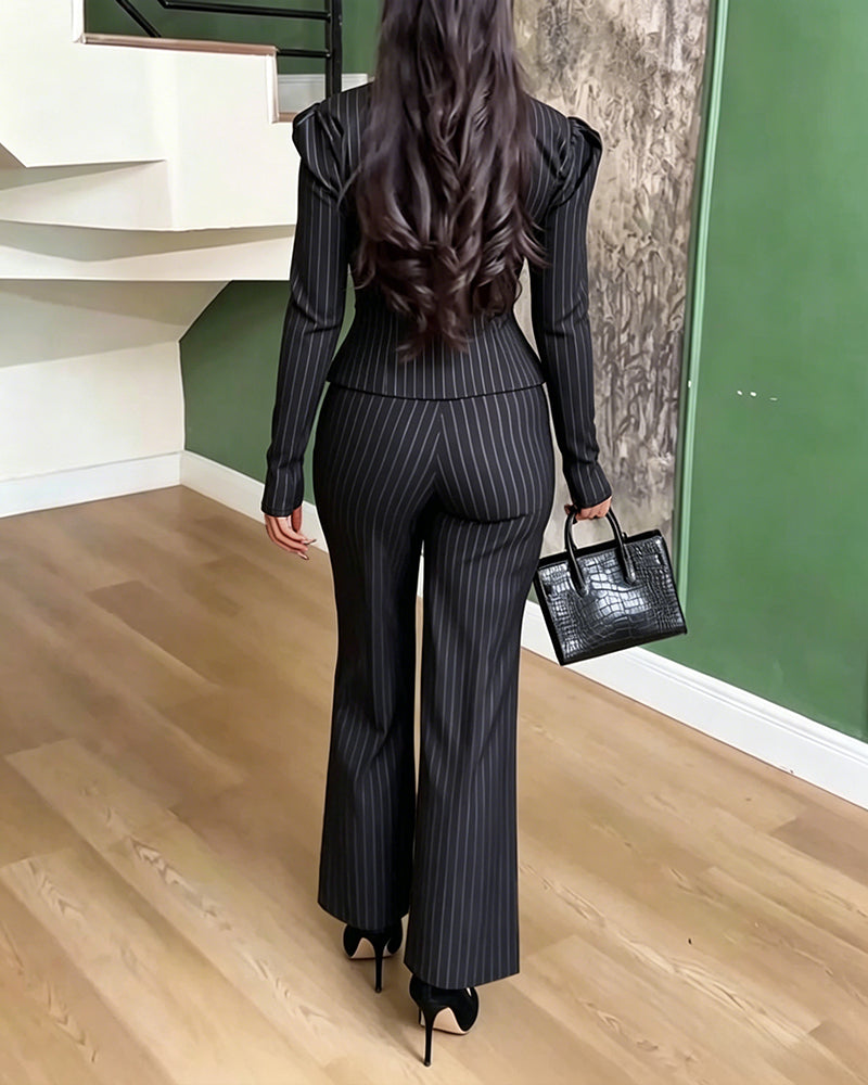 Women's 2 Piece Stripe Suit Elegant Sweetheart Neck Peplum Blazer and High Waisted Wide Leg Pants Business Outfits